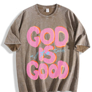 & 230gsm GOD IS GOOD Retro Vintage Washed T-Shirt in Brown