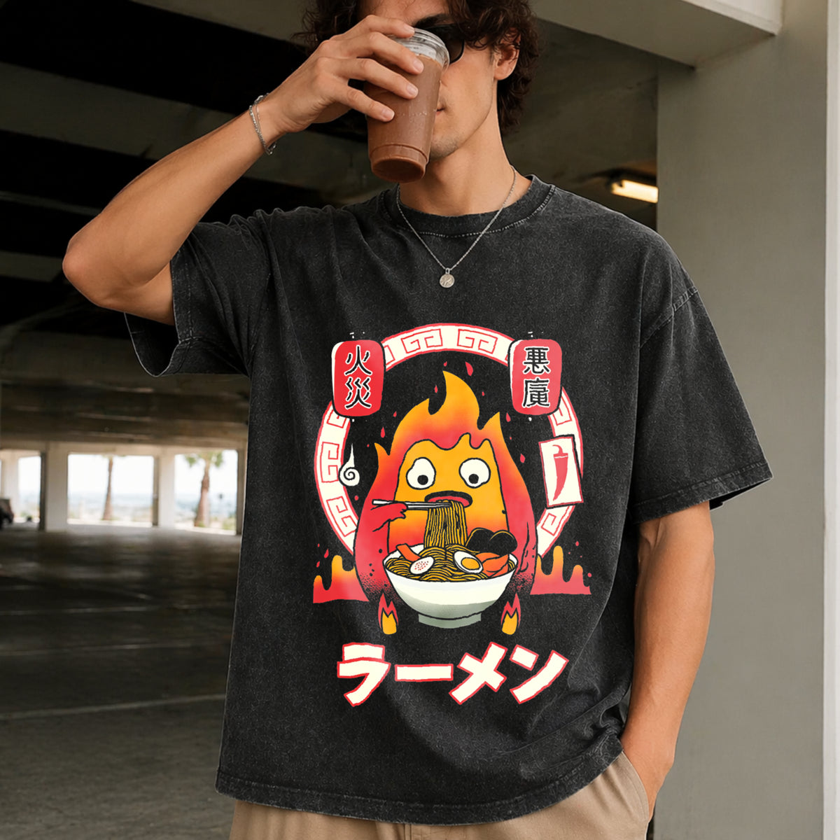 Howl’s Moving Castle Calcifer Ramen – Ghibli Vintage Washed T-Shirt in Black