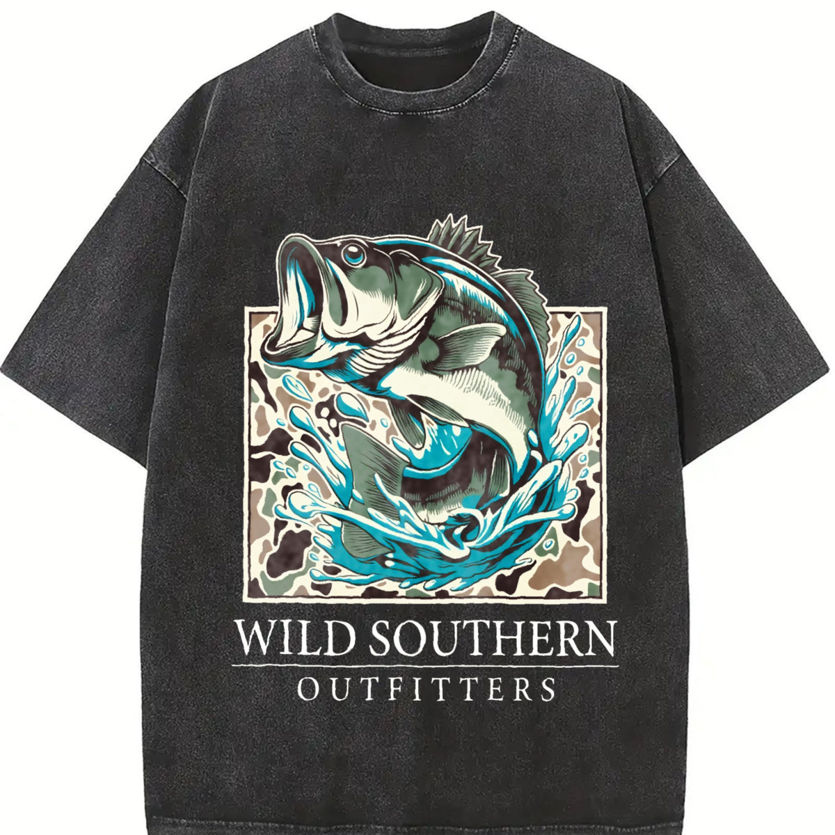 Fishing Bass Fishing Camo Vintage Washed T-Shirt in Black