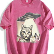 Cat Ufo Selfie 90s Vintage Washed T-Shirt in Red