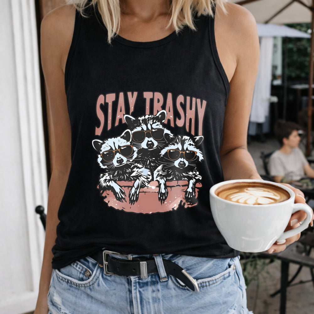 Raccoons Wearing Glasses in Tub Regular Vest Women's Color Cotton Tank Top in Black