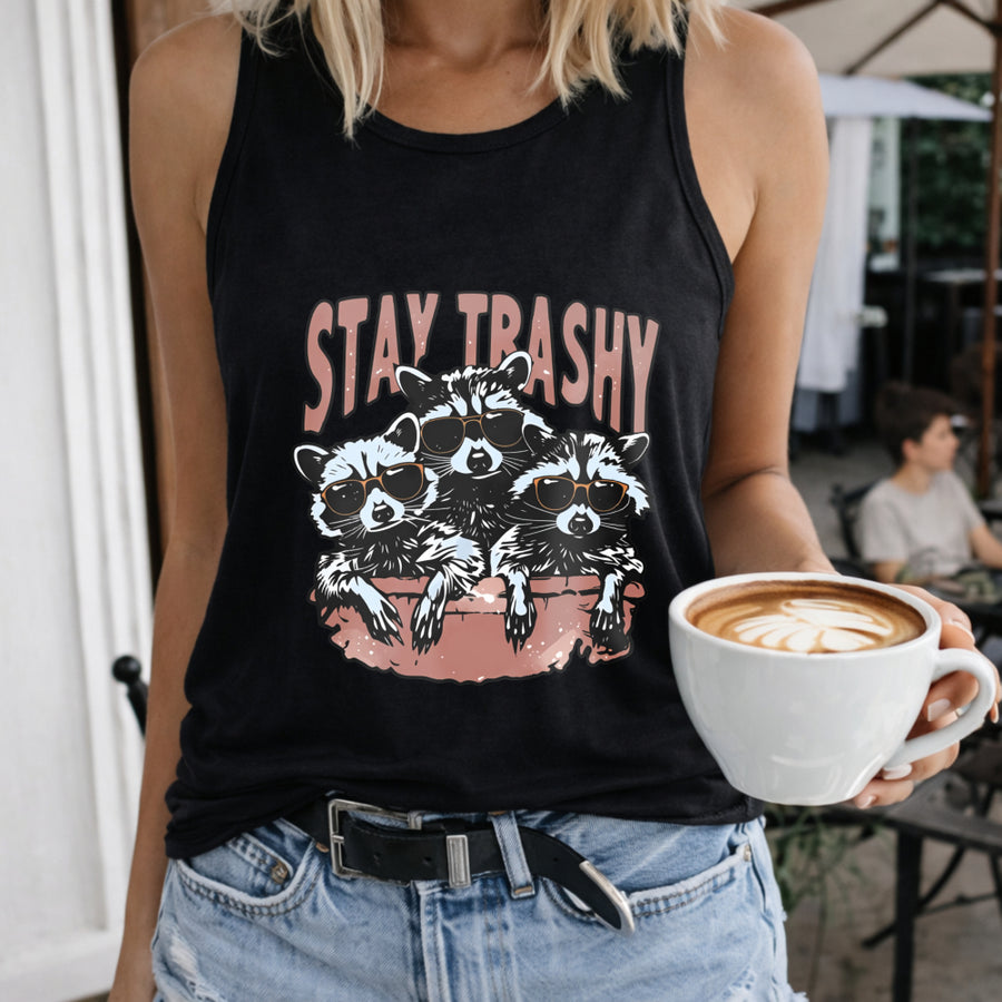 Raccoons Wearing Glasses in Tub Regular Vest Women's Color Cotton Tank Top in Black