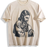 Retro Religious Jesus Hugs Cat Christ Vintage Washed T-Shirt in Beige