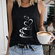 Sleeveless Tank with Cartoon Coffee Cup & Heart Women's Color Cotton Tank Top in Black