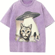 Cat Ufo Selfie 90s Vintage Washed T-Shirt in Purple