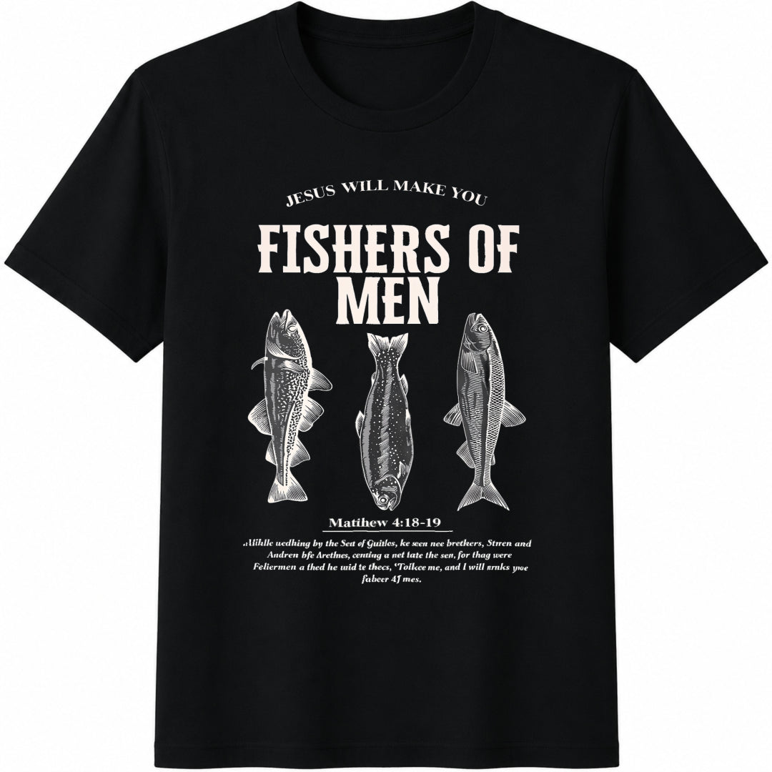 Fishers of Christian Fishing Fathers Day Faith Based Cotton T-Shirt in Black