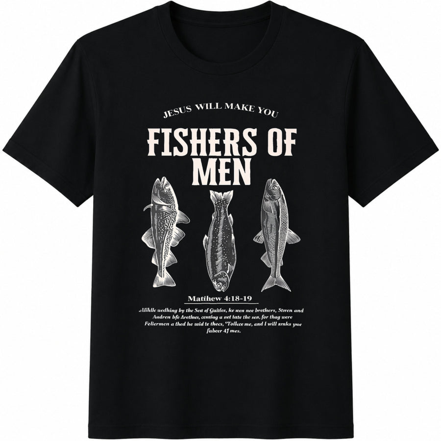 Fishers of Christian Fishing Fathers Day Faith Based Cotton T-Shirt in Black