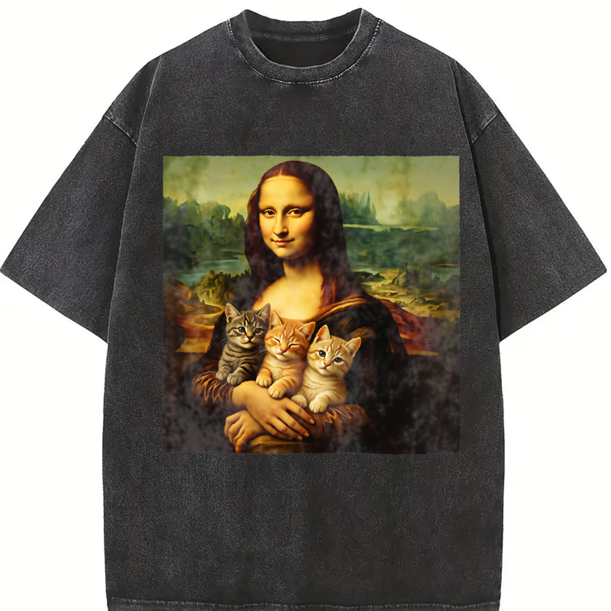 Mona Lisa Cat Renaissance Art Parody Vintage Washed T-Shirt in Black
