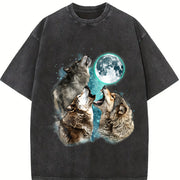 Retro Howling Wolves Vintage Washed T-Shirt in Black