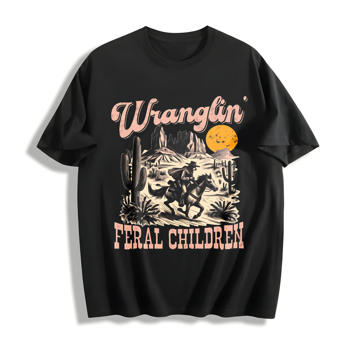 Retro Wranglin' Feral Children Raccoon 90s Western Cotton T-Shirt in Black