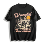 Retro Wranglin' Feral Children Raccoon 90s Western Cotton T-Shirt in Black
