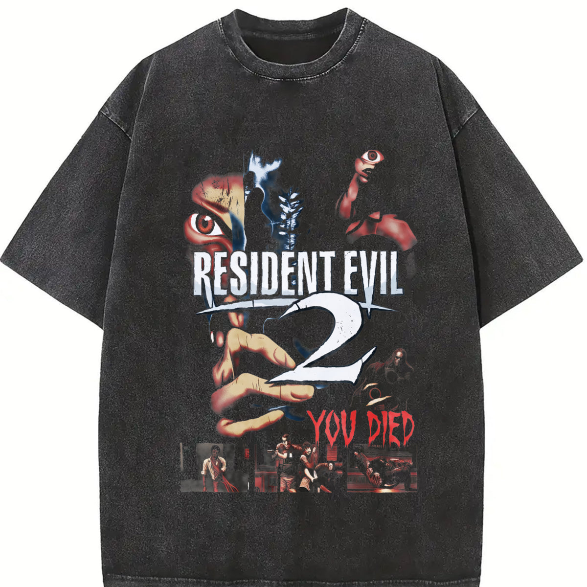 Resident Evil 2 You Died horror Game soft game movie game vintage washed oversized T-shirt in Black