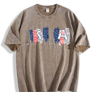 USA Flags Typography Vintage Washed T-Shirt in Brown