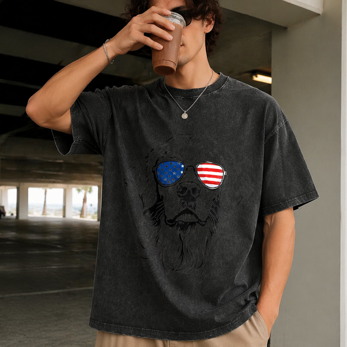 Patriotic Dog Mom Vintage Washed T-Shirt in Black