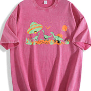 Retro UFO Alien Abduction Dinosaur Vintage Washed T-Shirt in Red