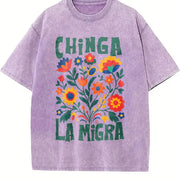 Chinga La Migra Abolish Ice Protest No Human Is Illegal vintage washed oversized T-shirt in Purple