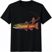 Bigfoot Brook Trout Fishing Softstyle Cotton T-Shirt in Black