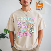 Fueled by Iced Coffee and Anxiety Coffee Lover Vintage Washed T-Shirt in Beige