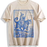 Wizard Cat Rider Retro Fantasy Vintage Washed T-Shirt in Beige