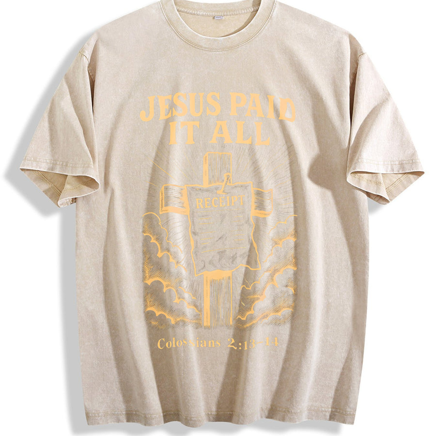 Retro 230 Pure 'JESUS PAID IT ALL' Letter & Cross vintage washed oversized T-shirt in Beige