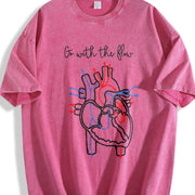 Simple Letter and Peace Heart One-piece Vintage Washed T-Shirt in Red
