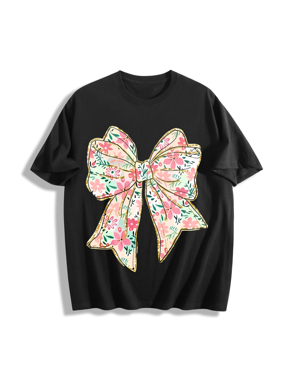 Coquette Bow Floral Bow Cotton T-Shirt in Black