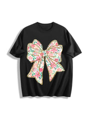 Coquette Bow Floral Bow Cotton T-Shirt in Black