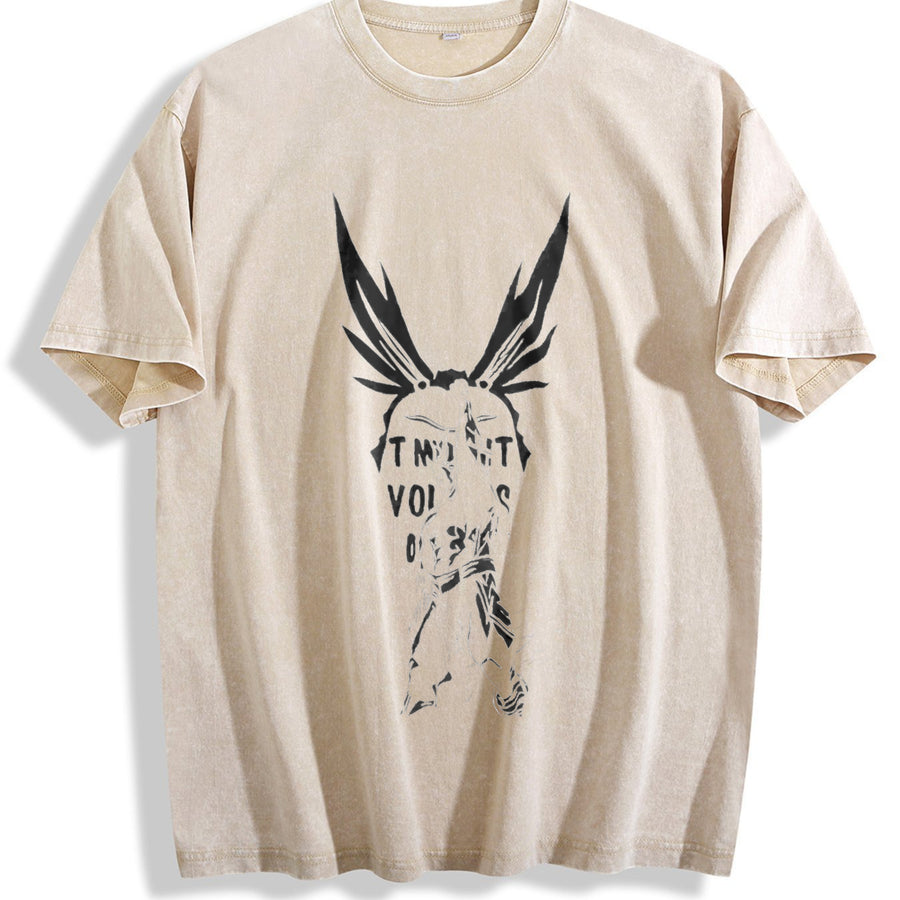 Anime My Hero Academia All Might High-end Luxury Retro vintage washed oversized T-shirt in Beige