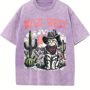 Retro Wild West Cowboy Cat Vintage Washed T-Shirt in Purple