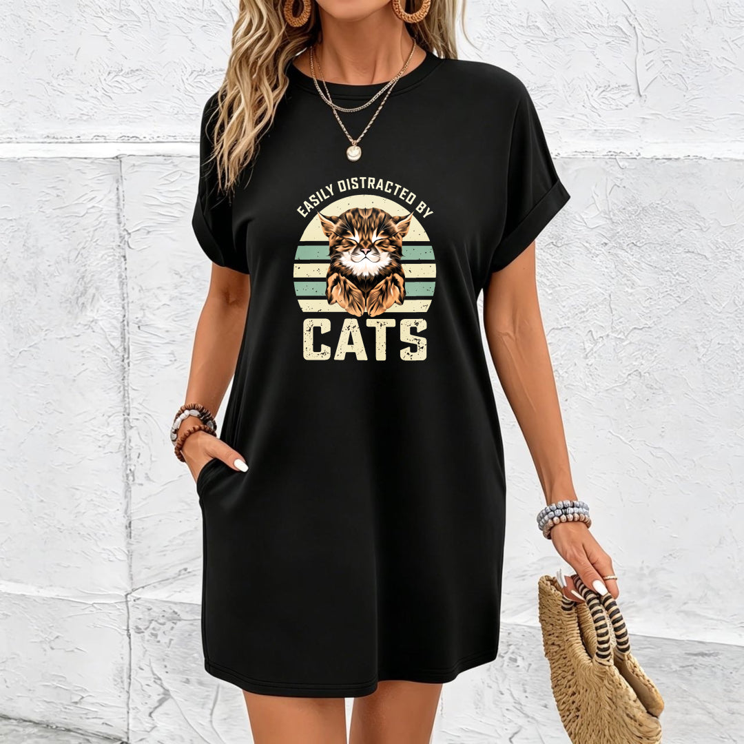 Spring and Easy to Distract Cat Letter High Elastic Dress Cotton T-Shirt in Black
