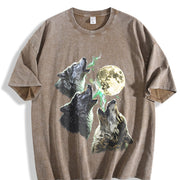 Wolves Howling to Moon 90s Vintage Washed T-Shirt in Brown