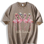 Hello Flamingo Beach Vintage Washed T-Shirt in Brown