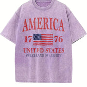 America 1776 Distressed Patriotic USA Liberty Fourth July Vintage Washed T-Shirt in Purple