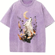 Autumn Looking Up Noble Elegant White Fox Vintage Washed T-Shirt in Purple