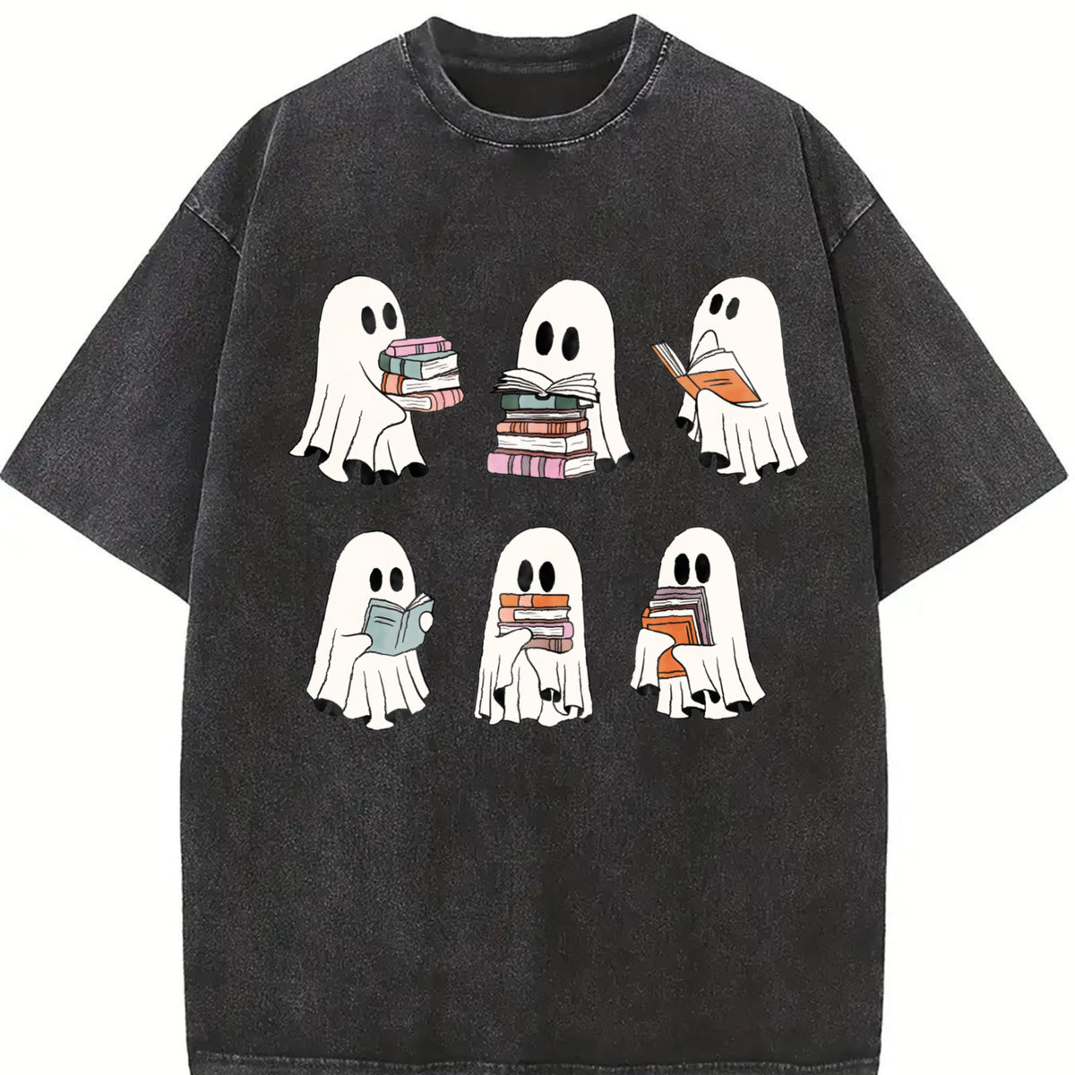 Ghost Reading Book Lover Vintage Washed T-Shirt in Black