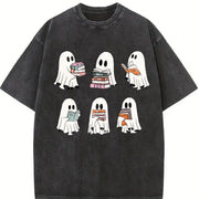 Ghost Reading Book Lover Vintage Washed T-Shirt in Black