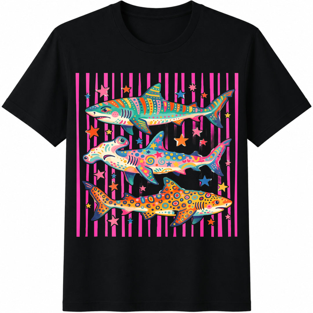 Shark Tropical Ocean Bright Marine Life Coastal Beach Cotton T-Shirt in Black