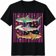 Shark Tropical Ocean Bright Marine Life Coastal Beach Cotton T-Shirt in Black