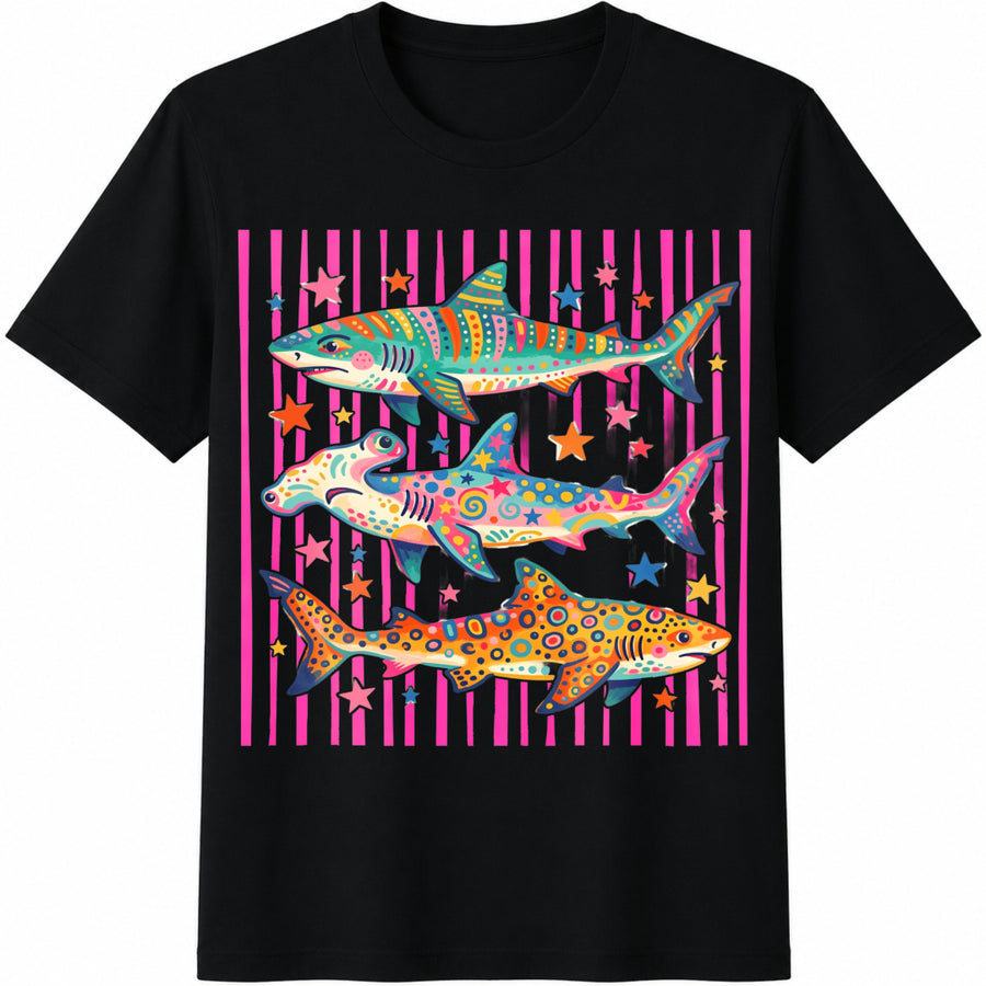 Shark Tropical Ocean Bright Marine Life Coastal Beach Cotton T-Shirt in Black