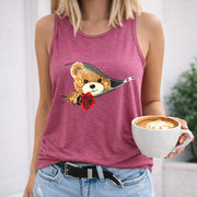 Teddy Bear with Rose and Zipper Crew-neck Sleeveless Vest Women's Color Cotton Tank Top in Red
