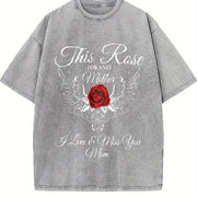 Mom Tribute Lover Heartfelt Cursive Rose Vintage Washed T-Shirt in Gray