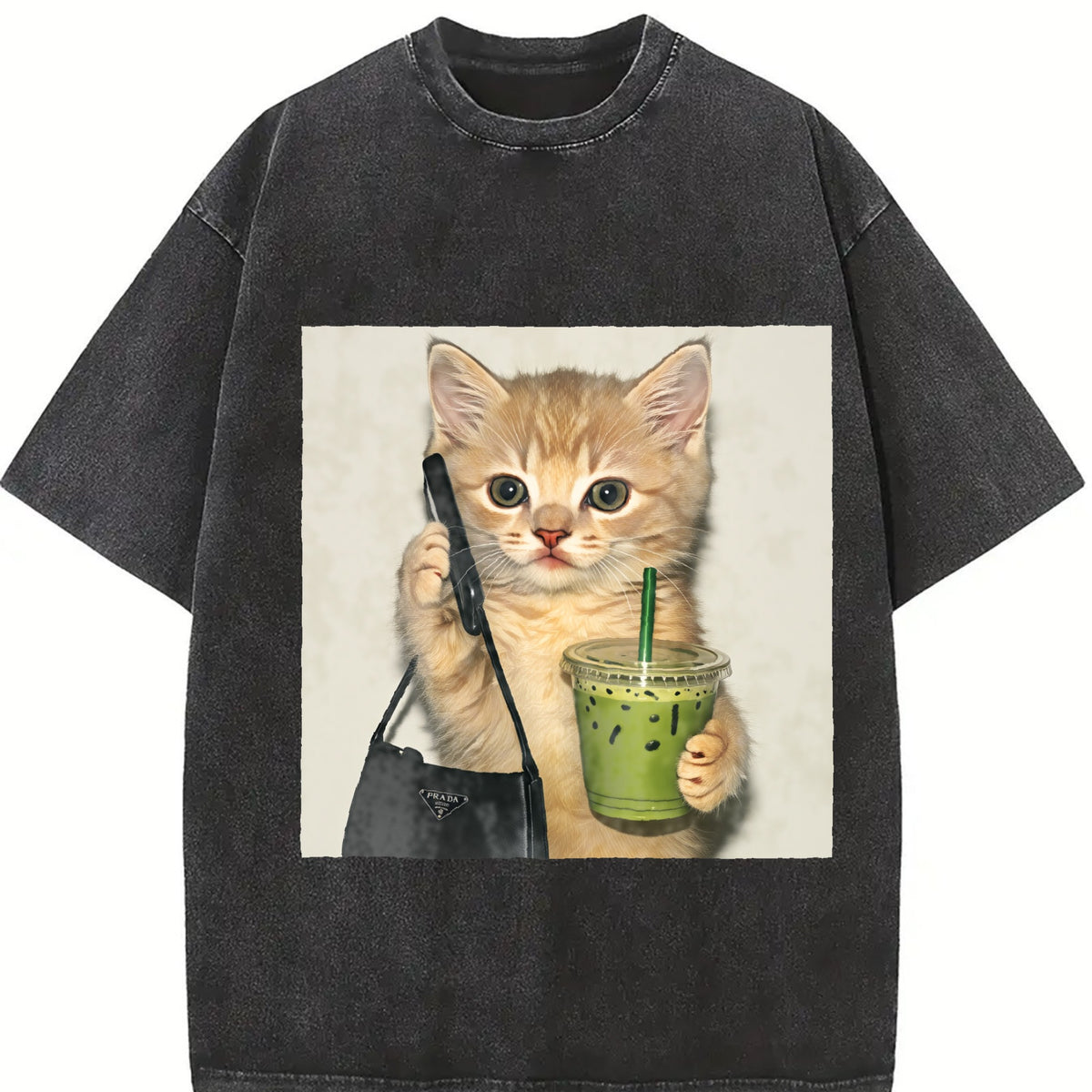 A Stylish Cat and Drink Vintage Washed T-Shirt in Black