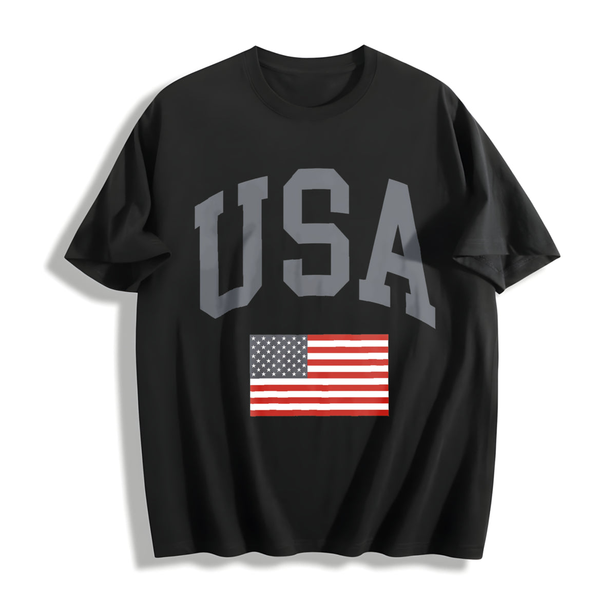 Usa Flag Pullover Loose-fitting for Autumn & Winter Cotton T-Shirt in Black