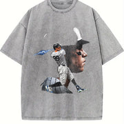 Aaron New York Custom Comic Style Baseball Custom vintage washed oversized T-shirt in Gray