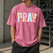 Pray Christian Faux Quilted Religious Vintage Washed T-Shirt in Red