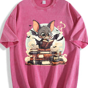 A Playful of a Bespectacled Bat Reading a Magic Book Vintage Washed T-Shirt in Red