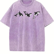 Orca Embroidered Ocean Animal Lover Vintage Washed T-Shirt in Purple