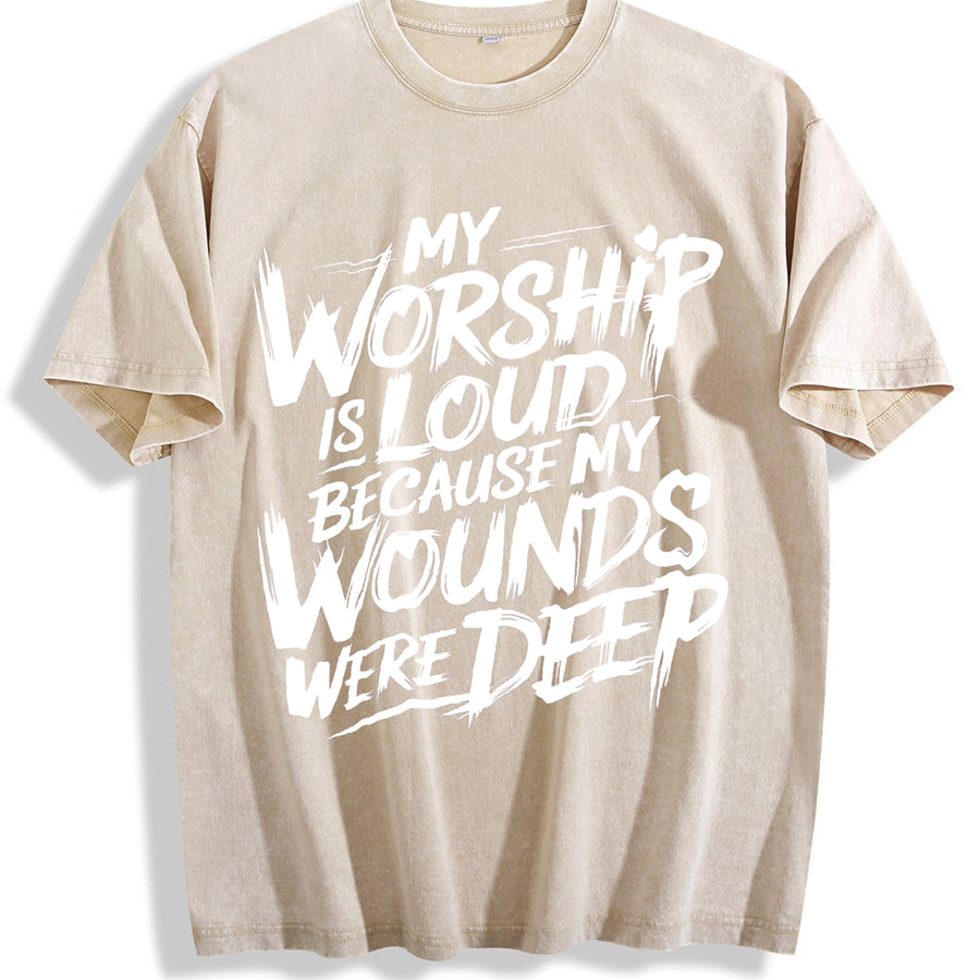 My Worship Is Loud Because My Wounds Were Deep Christian vintage washed oversized T-shirt in Beige