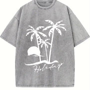 Beach Short-sleeved Sunset Beach for Spring Vintage Washed T-Shirt in Gray