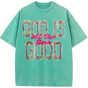 God Is Good All The Time Retro Distressed Camo Christian vintage washed oversized T-shirt in Blue